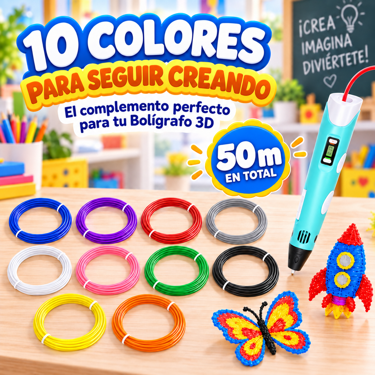 Pack de 10 filamentos PLA de colores para Bolígrafo 3D, 50 metros en total